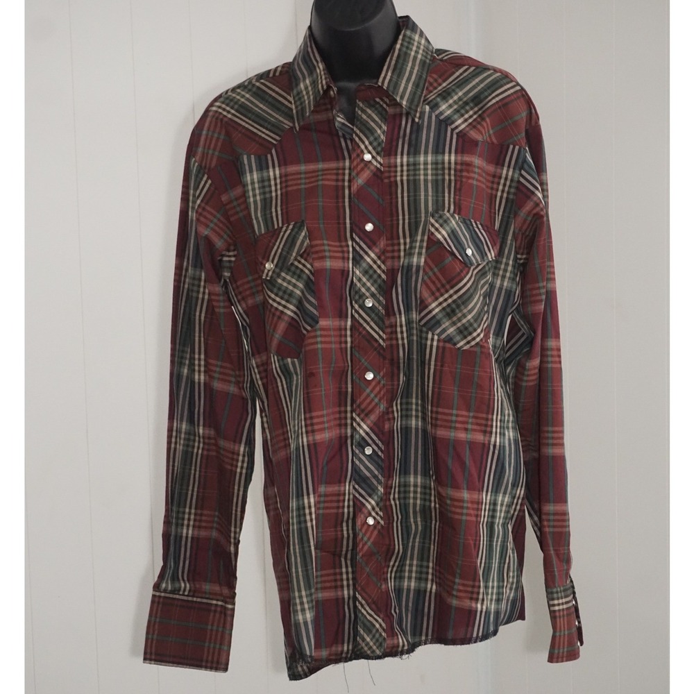 Wrangler Medium Western Shirt Burgundy Plaid Pearl Snap Long Sleeve